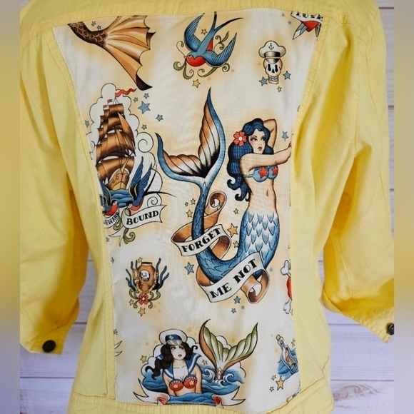 Handmade Forget Me Knot Mermaid Tattoo Flash Jacket in Yellow and Blue Sz XL NWT - Picture 5 of 11